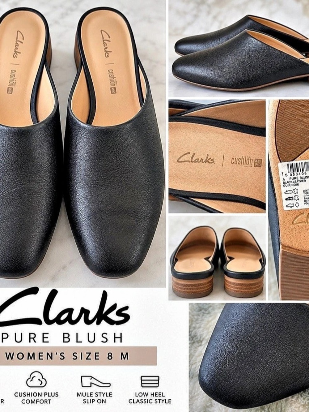 Clarks PureBlush Black Mules size 8